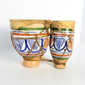 Vintage Moroccan Handmade/Hand Painted Clay & Animal Skin Tom-Tom Drum Set MCM